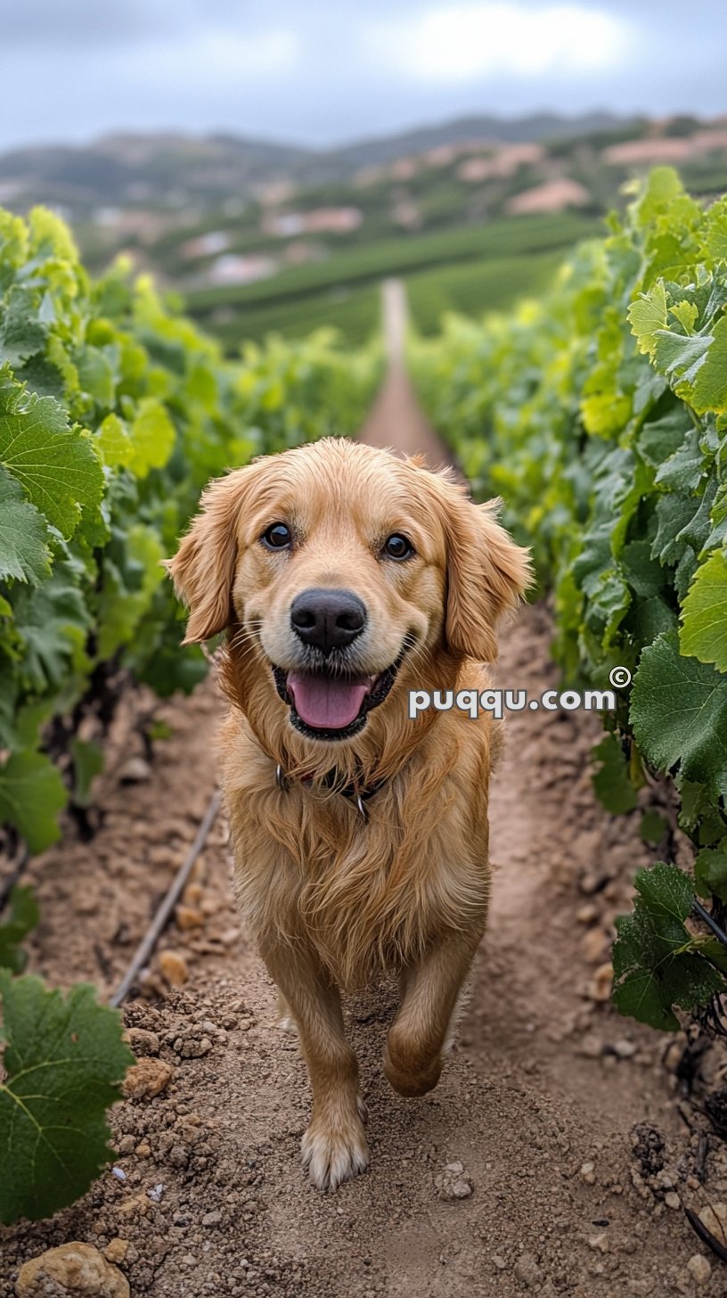 Golden retriever puppy walking between green vines in a vineyard.
