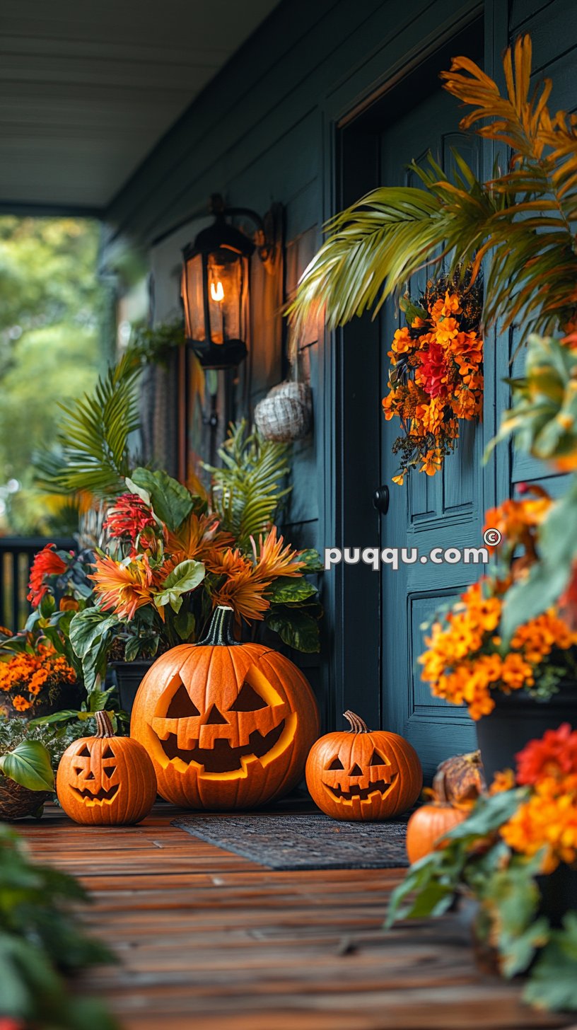 A porch decorated for Halloween with three carved pumpkins, colorful autumn flowers, and a wreath on the door.