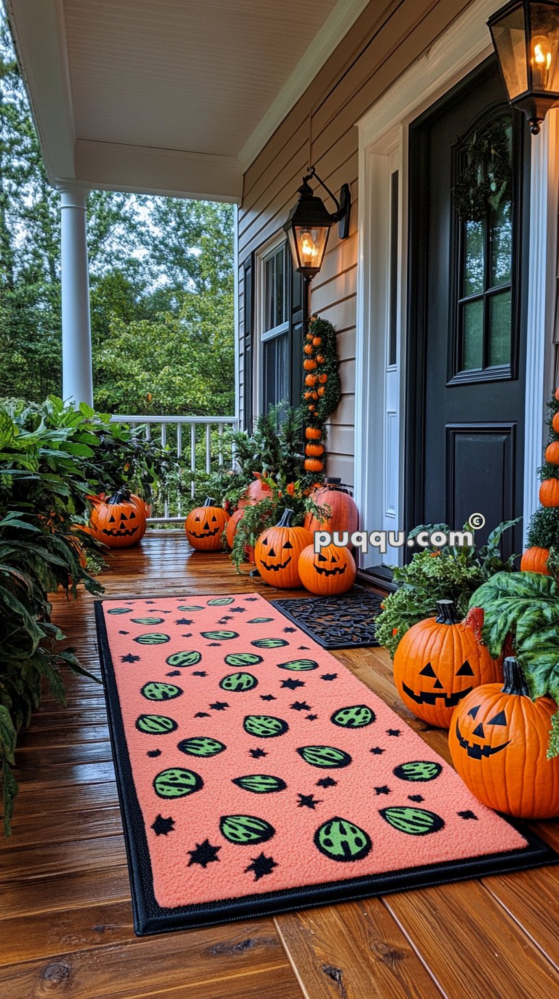 Front porch decorated for Halloween with carved pumpkins, a flat orange rug with green and black star patterns, and greenery arranged around the entrance.