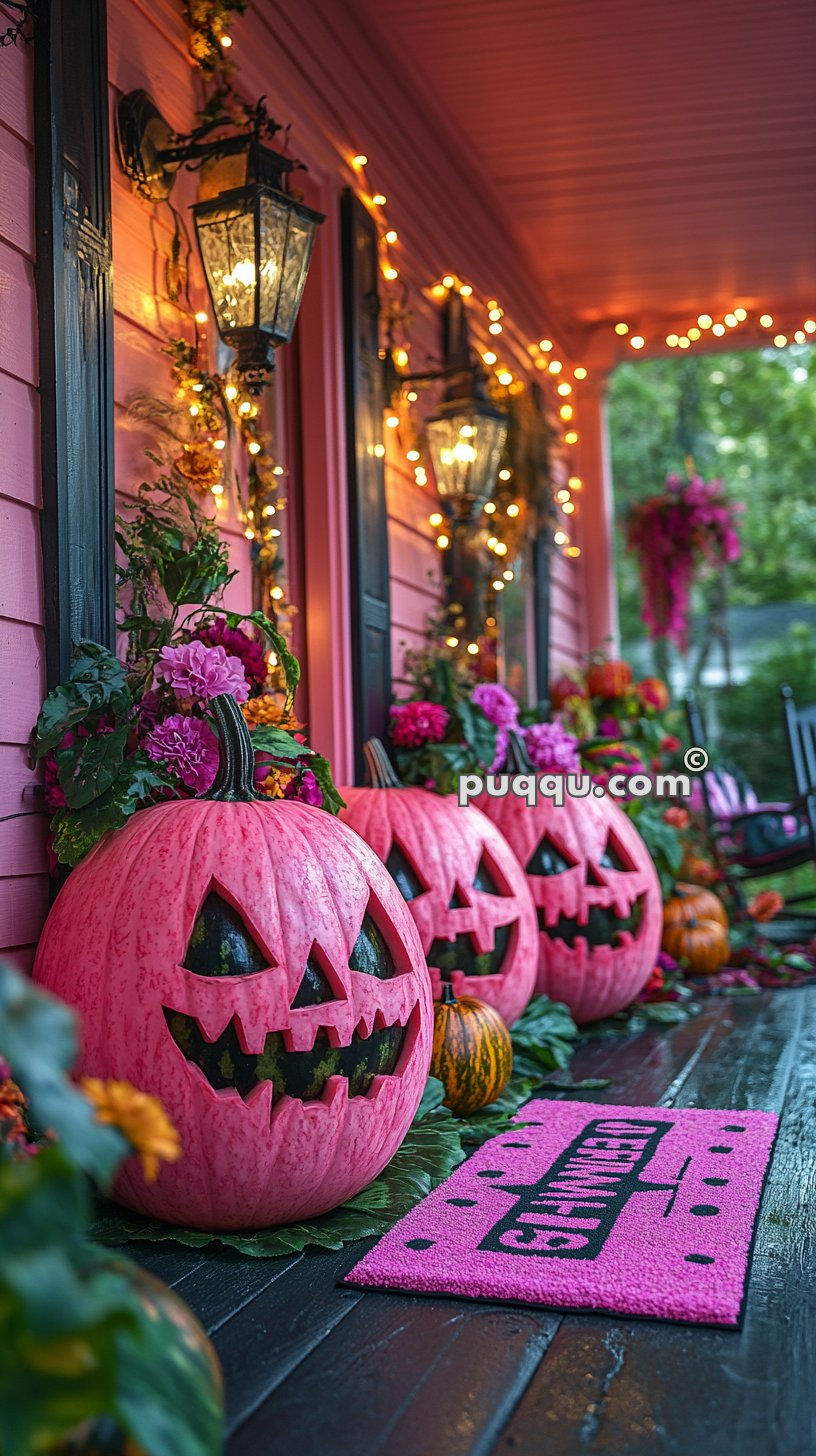 A porch decorated with pink carved pumpkins, fairy lights, flowers, and a pink welcome mat for Halloween.