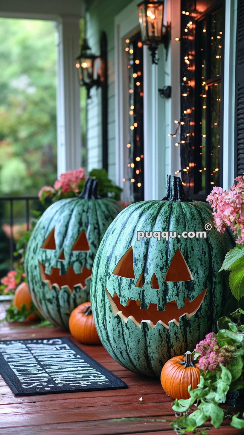 Decorated porch with large green and orange jack-o'-lanterns, small pumpkins, flowers, a welcome mat, and string lights.