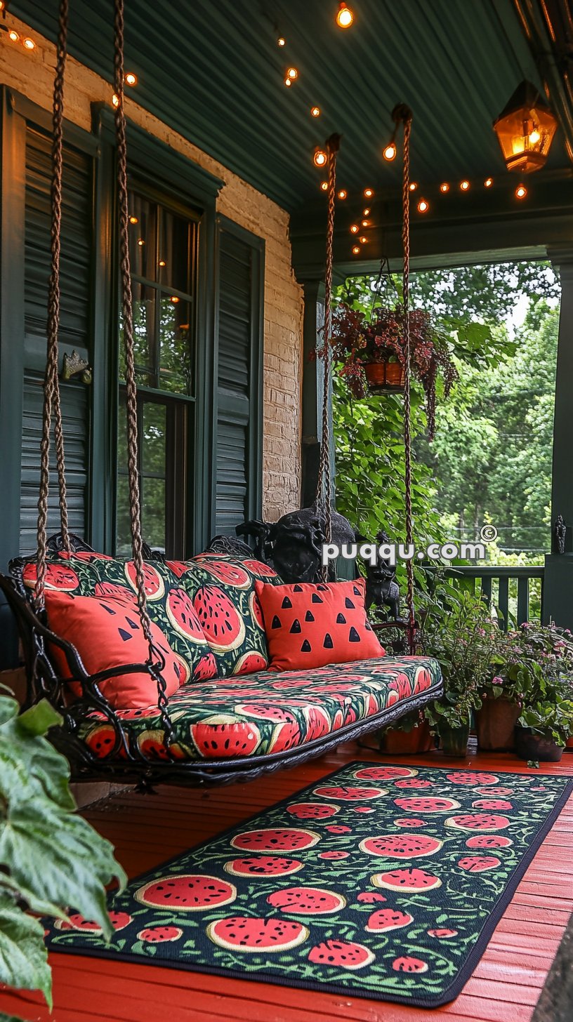 Porch with a swing decorated with watermelon-themed cushions, watermelon-patterned rug, string lights, potted plants, and a green and brick background.