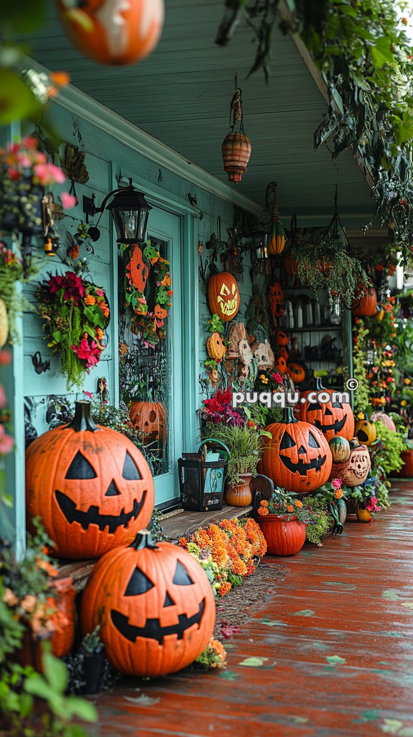 Front porch decorated for Halloween with numerous jack-o'-lanterns, colorful wreaths, and hanging lanterns.