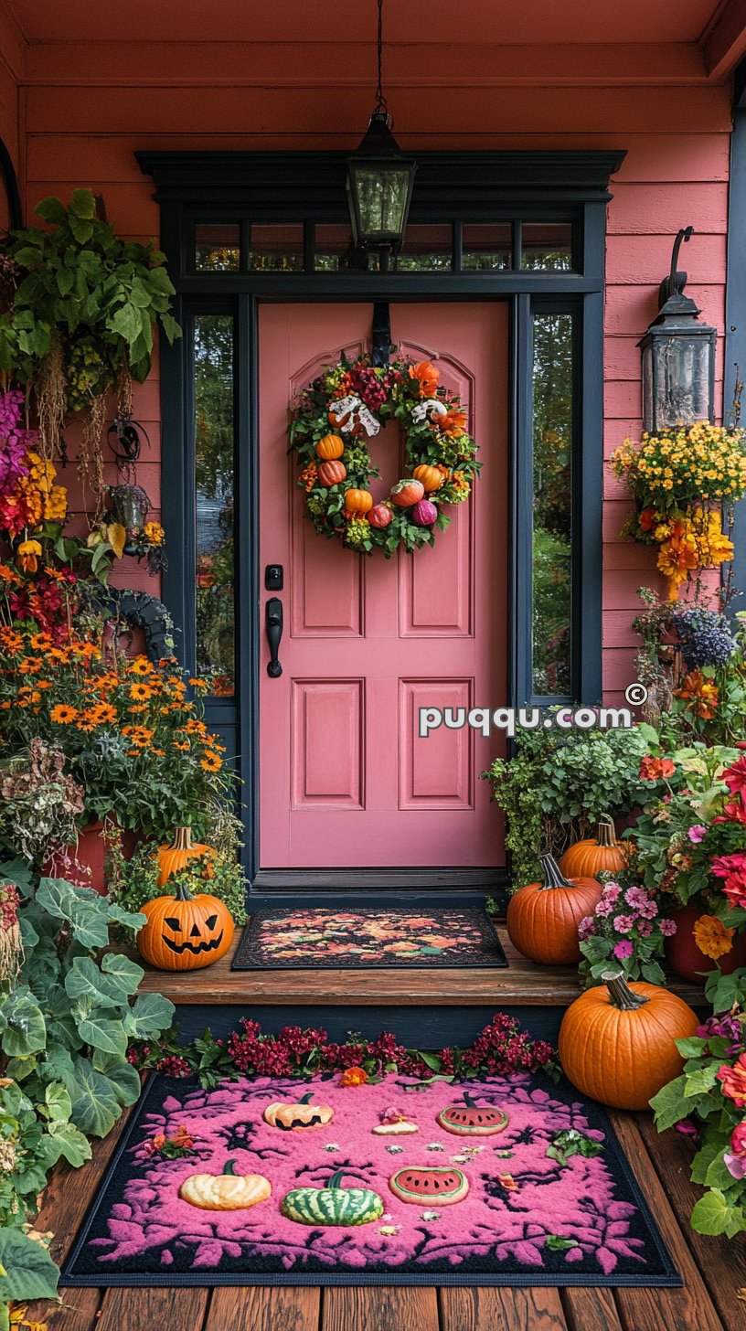 Colorful autumn-themed porch with a pink door adorned with a festive wreath of mini pumpkins and greenery. The steps are decorated with pumpkins, vibrant flowers, and seasonal mats featuring pumpkin designs.