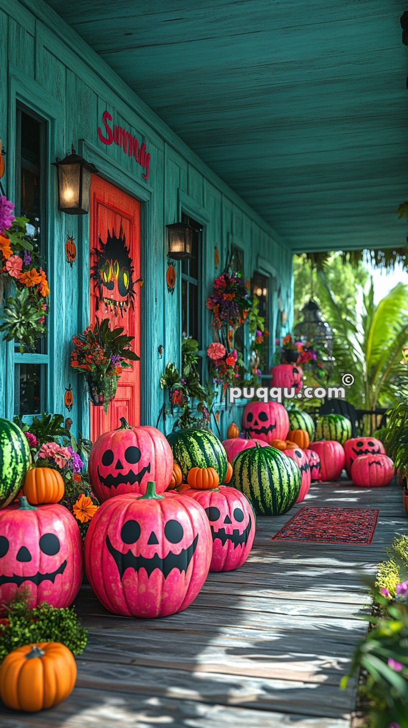 A turquoise house porch decorated for Halloween with carved pink jack-o'-lanterns, green watermelons, orange pumpkins, and colorful flowers.