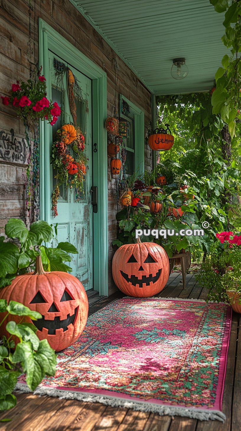 A porch decorated for Halloween with carved pumpkins, a colorful rug, hanging flowers, and a green door.
