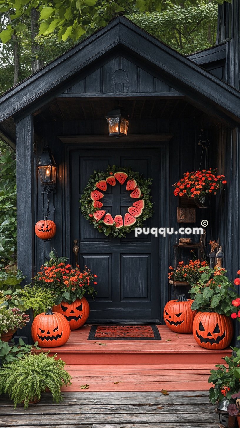 A front porch decorated for Halloween with carved jack-o'-lanterns, a watermelon wreath on the dark door, and hanging lanterns, surrounded by potted plants and flowers.