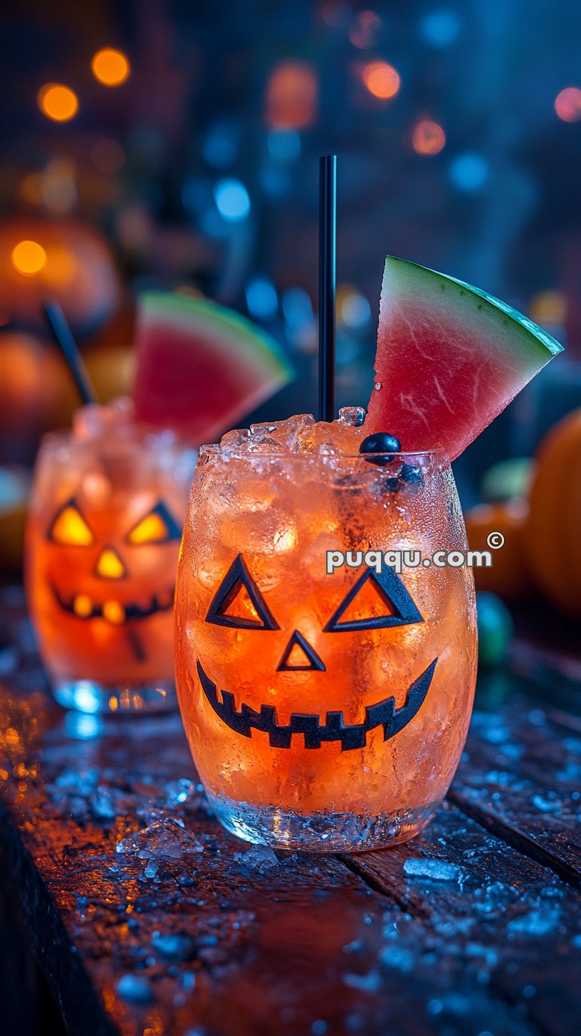 Halloween-themed cocktails with jack-o'-lantern faces, garnished with watermelon slices and black straws, on a wooden table with blurred lights in the background.