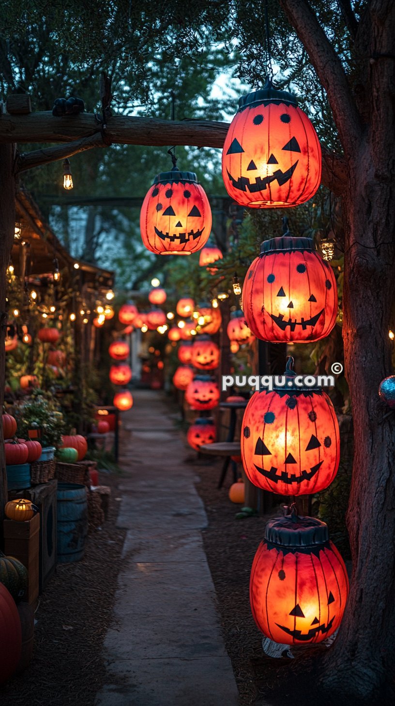 Pathway decorated with glowing pumpkin lanterns featuring jack-o'-lantern faces, surrounded by fairy lights and Halloween decorations.