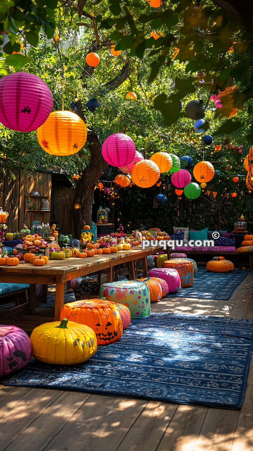 Outdoor Halloween-themed party area with colorful paper lanterns hanging from trees, decorated tables with mini pumpkins, and pumpkin-shaped cushions on patterned rugs.