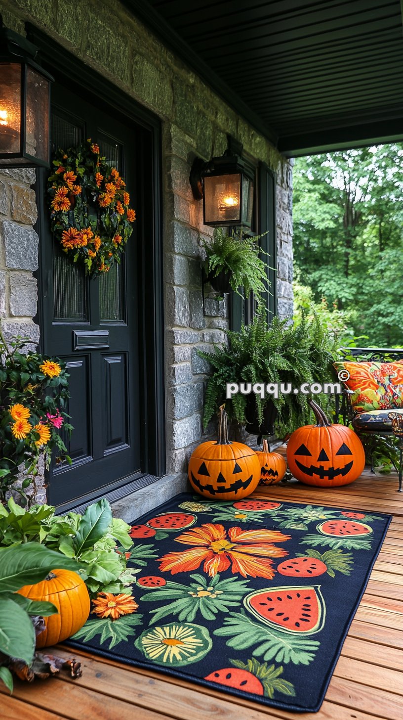 Front porch decorated for autumn with carved pumpkins, a floral wreath, and a colorful doormat featuring flowers and watermelon slices.