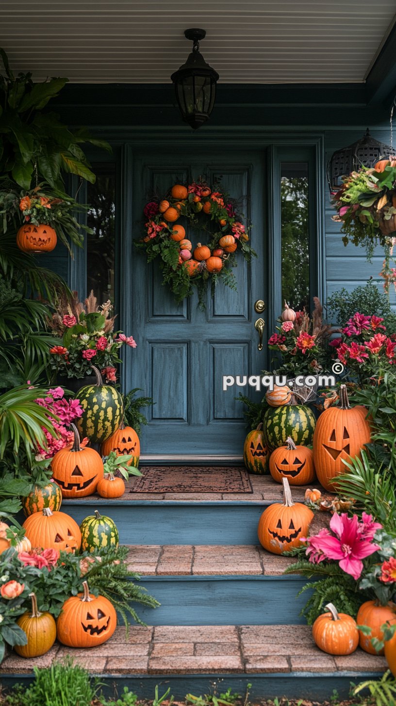 Front porch decorated with carved pumpkins, flowers, greenery, and a wreath on a teal door for Halloween.