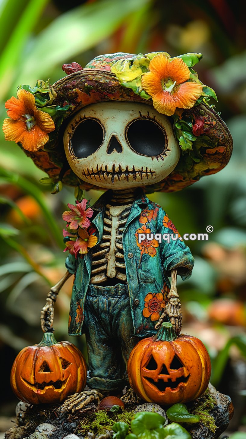 Skeleton figurine dressed in a colorful floral shirt and hat, holding two carved pumpkins, in a garden setting.