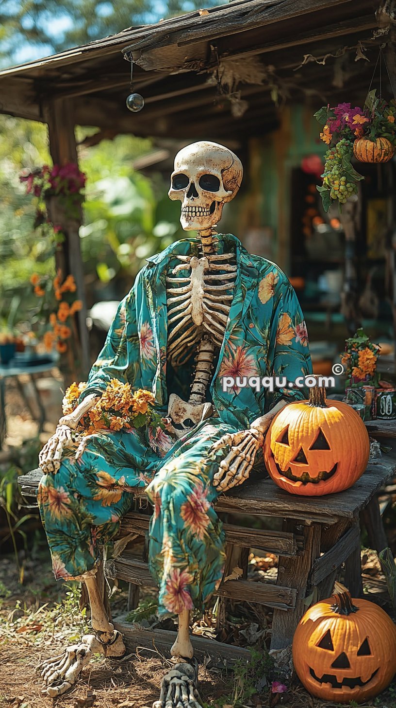 Skeleton in floral pajamas sitting on a wooden bench next to carved pumpkins in a garden.