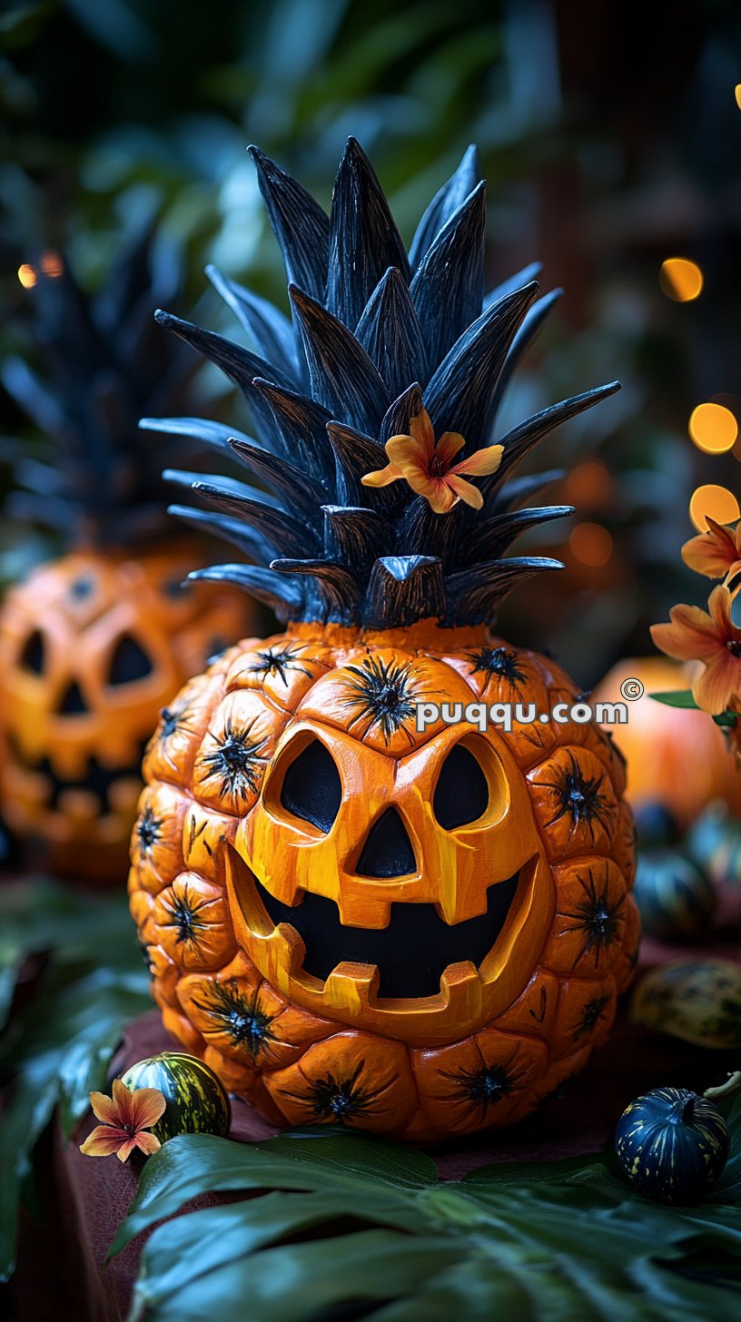 A carved pineapple with a jack-o'-lantern face and a flower decoration.
