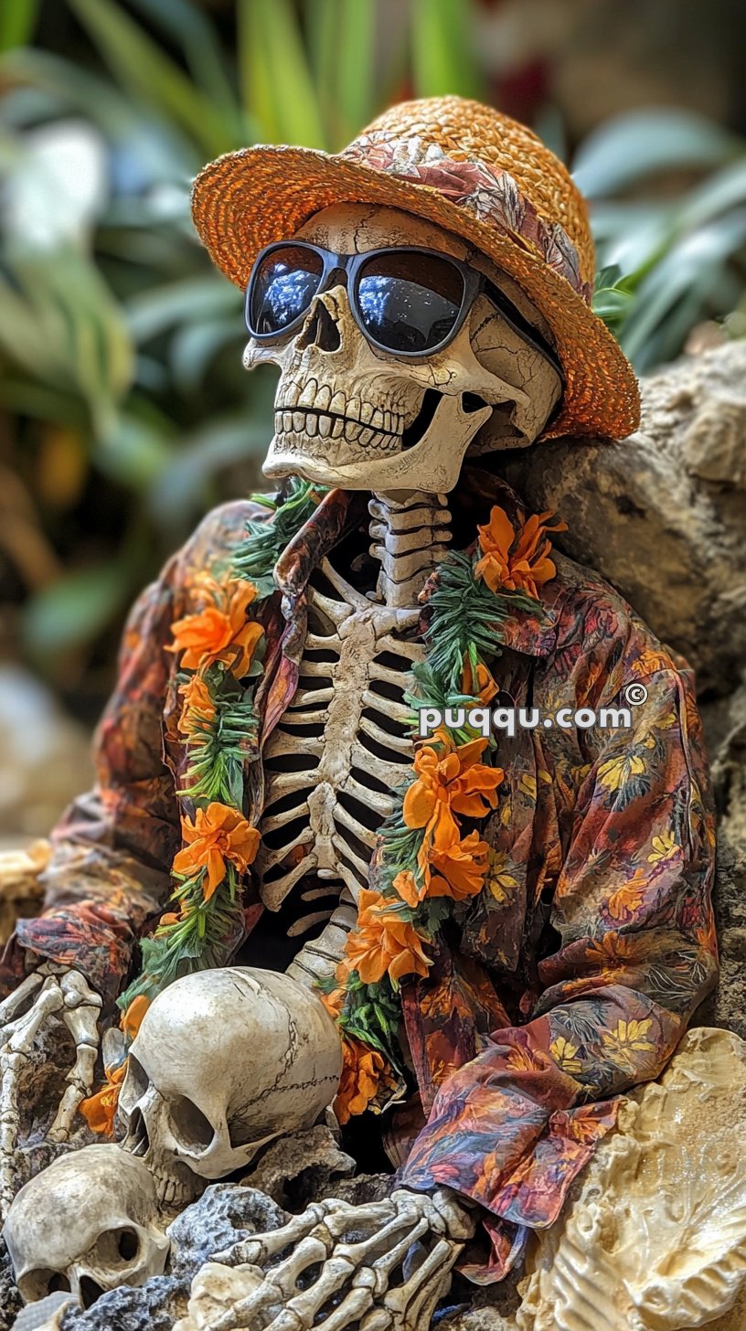Skeleton wearing a colorful Hawaiian shirt, flower lei, sunglasses, and a straw hat, sitting among rocks and skulls.