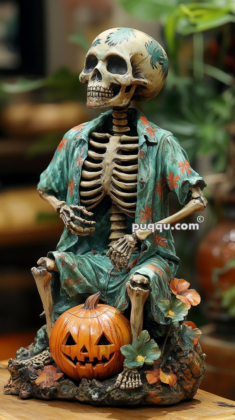 Skeleton figurine dressed in a tropical shirt, sitting behind a carved pumpkin with floral accents.