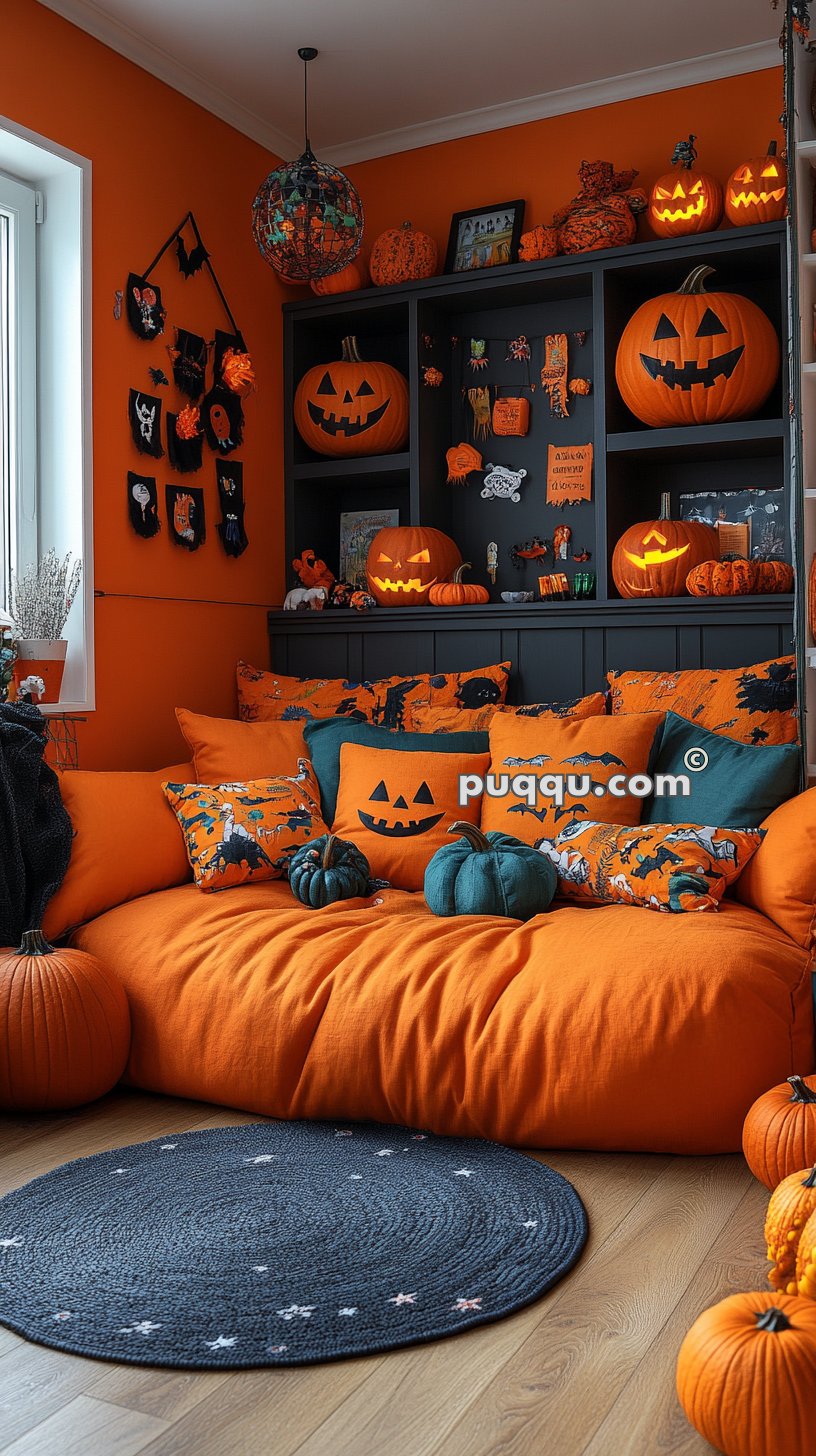 Room decorated for Halloween with orange walls, jack-o'-lanterns, and pumpkin-themed pillows on an orange couch. Black shelving units hold Halloween decorations, and a black rug with white stars is on the wooden floor.