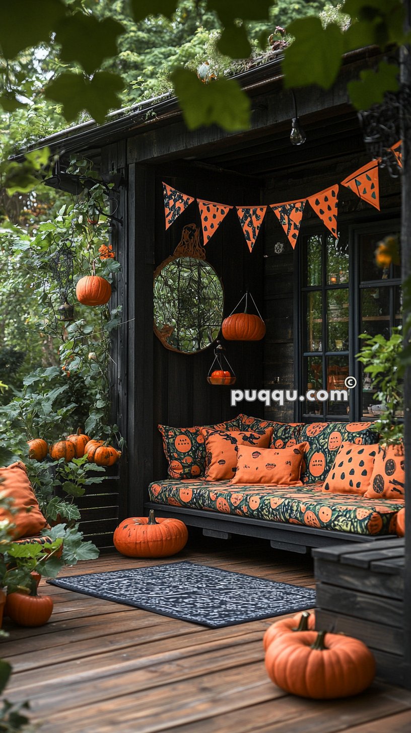 A cozy porch decorated for Halloween with orange pumpkins, festive cushions with pumpkin motifs, hanging decorations, and orange pennant banners.