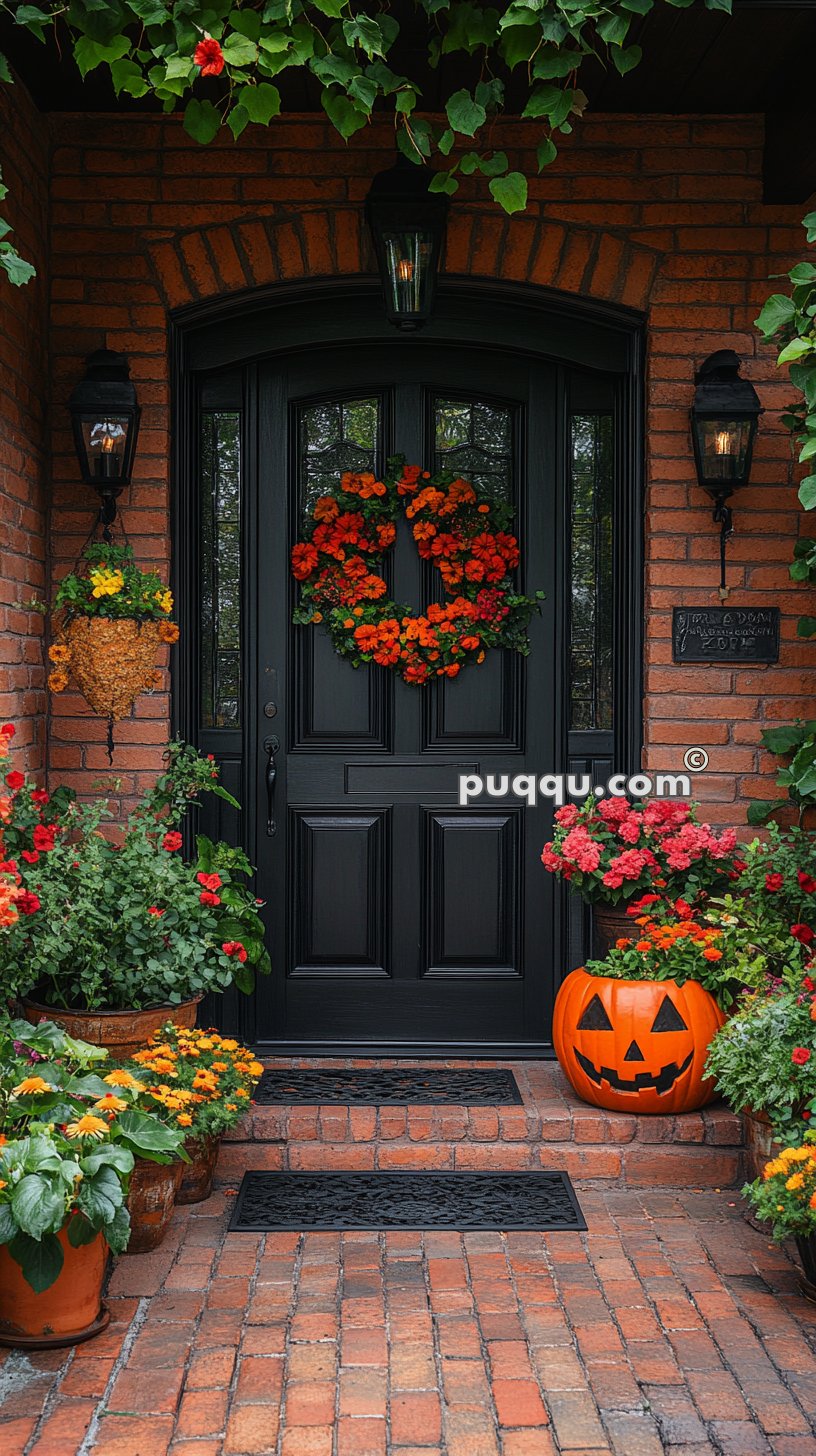 Front door decorated with a fall wreath of orange flowers, surrounded by potted plants and flowers, and a carved pumpkin lantern on the right.