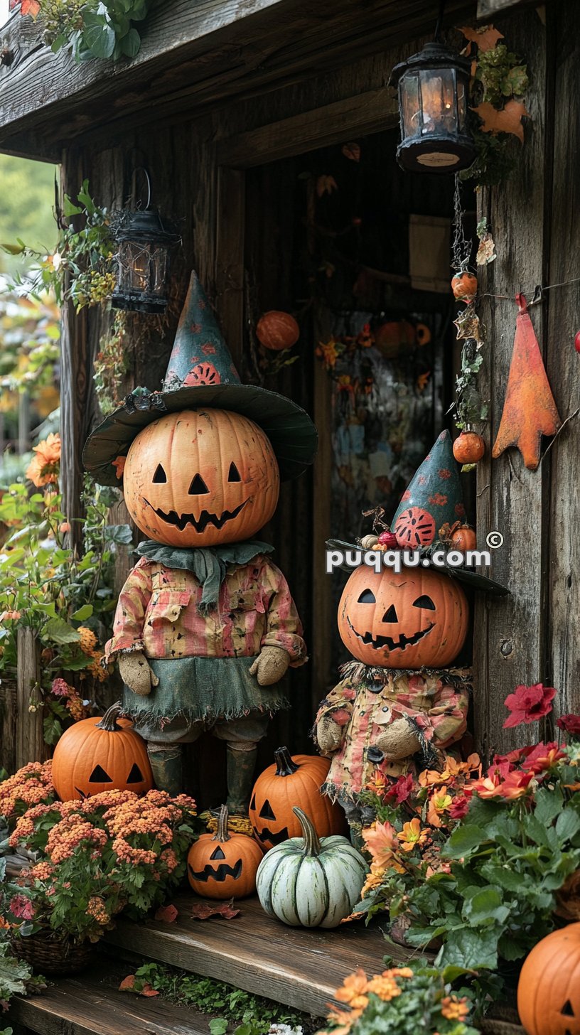 Halloween decorations with scarecrows wearing pumpkin heads and witch hats, surrounded by carved pumpkins and autumn flowers in front of a rustic wooden house.