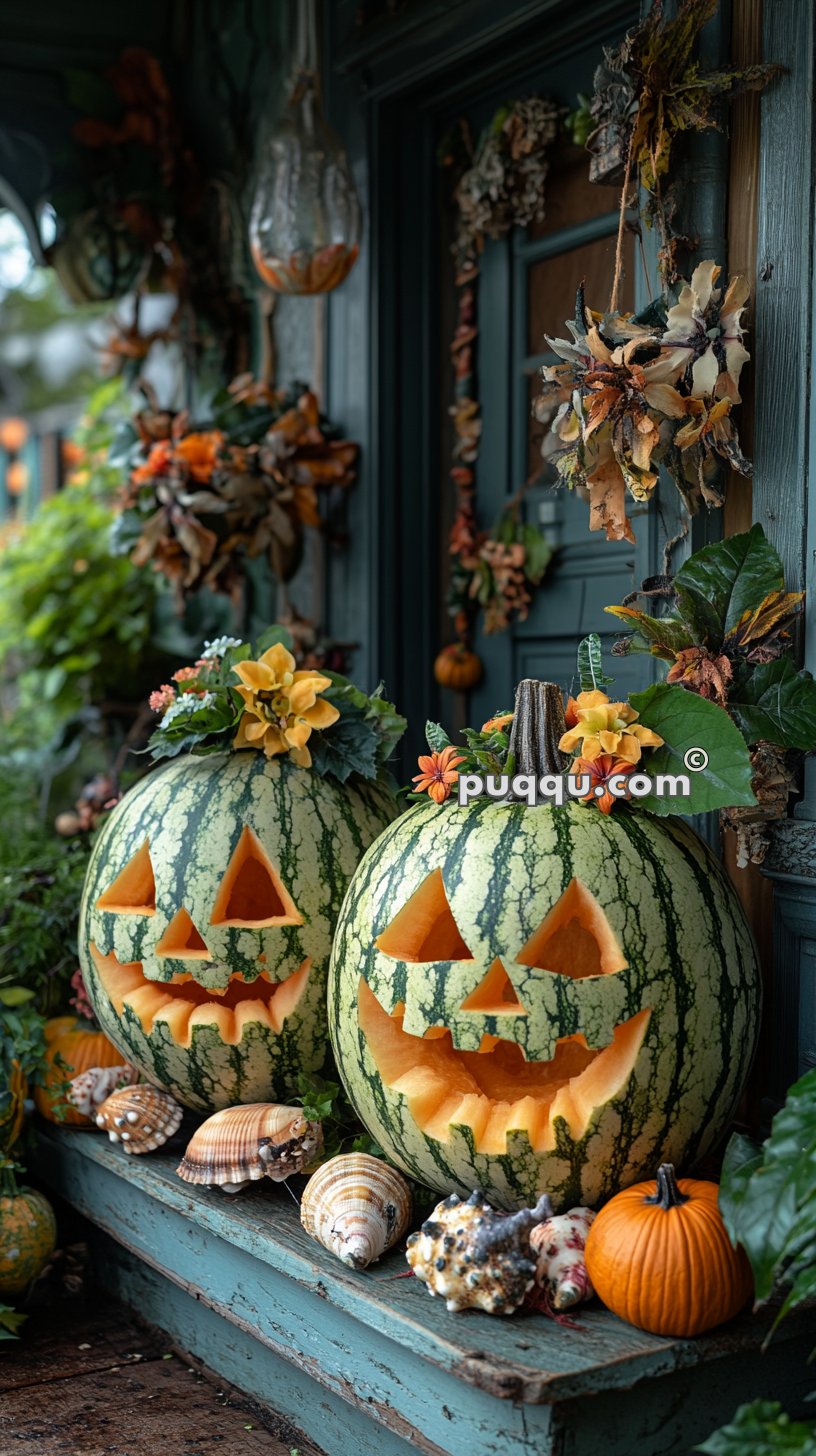 Two carved watermelons with jack-o'-lantern faces, adorned with flowers and surrounded by seashells, are displayed on a rustic wooden ledge next to a door decorated with autumnal wreaths.