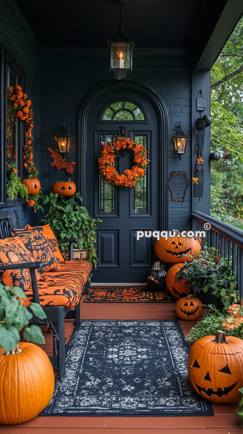 Front porch decorated for Halloween with carved pumpkins, orange wreath, and matching orange and black cushions on a bench.