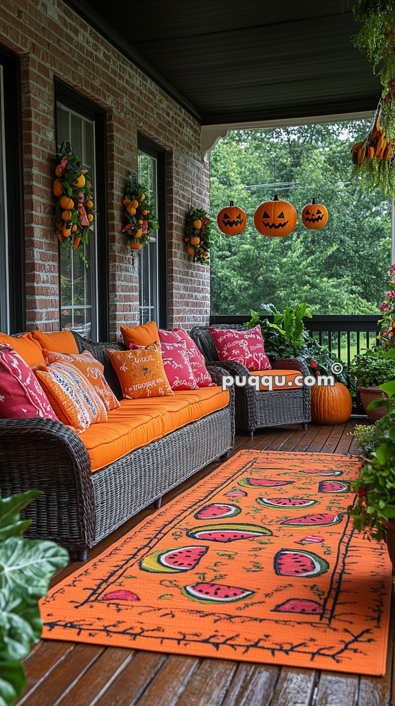 Cozy patio decorated for Halloween with a wicker sofa, orange cushions, an orange rug with watermelon patterns, hanging jack-o'-lanterns, pumpkin wreaths on brick walls, and various pumpkins and greenery.