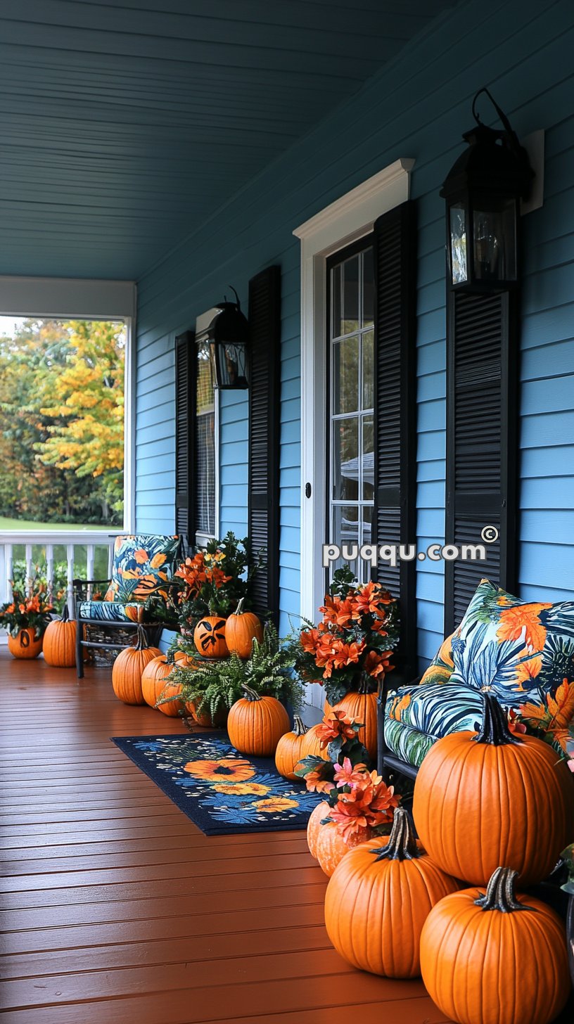 Porch decorated with pumpkins, orange flowers, and leafy greens, featuring a blue house exterior, black shutters, a patterned chair, and a floral doormat.
