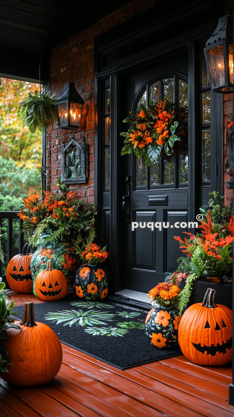 Front porch decorated for Halloween with carved pumpkins, floral arrangements in orange and green, and a black door adorned with a wreath.