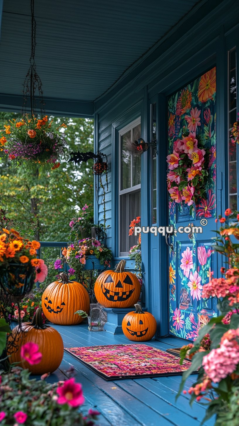 Decorated porch with floral-themed blue door, autumnal flowers, three carved pumpkins, and colorful doormat.
