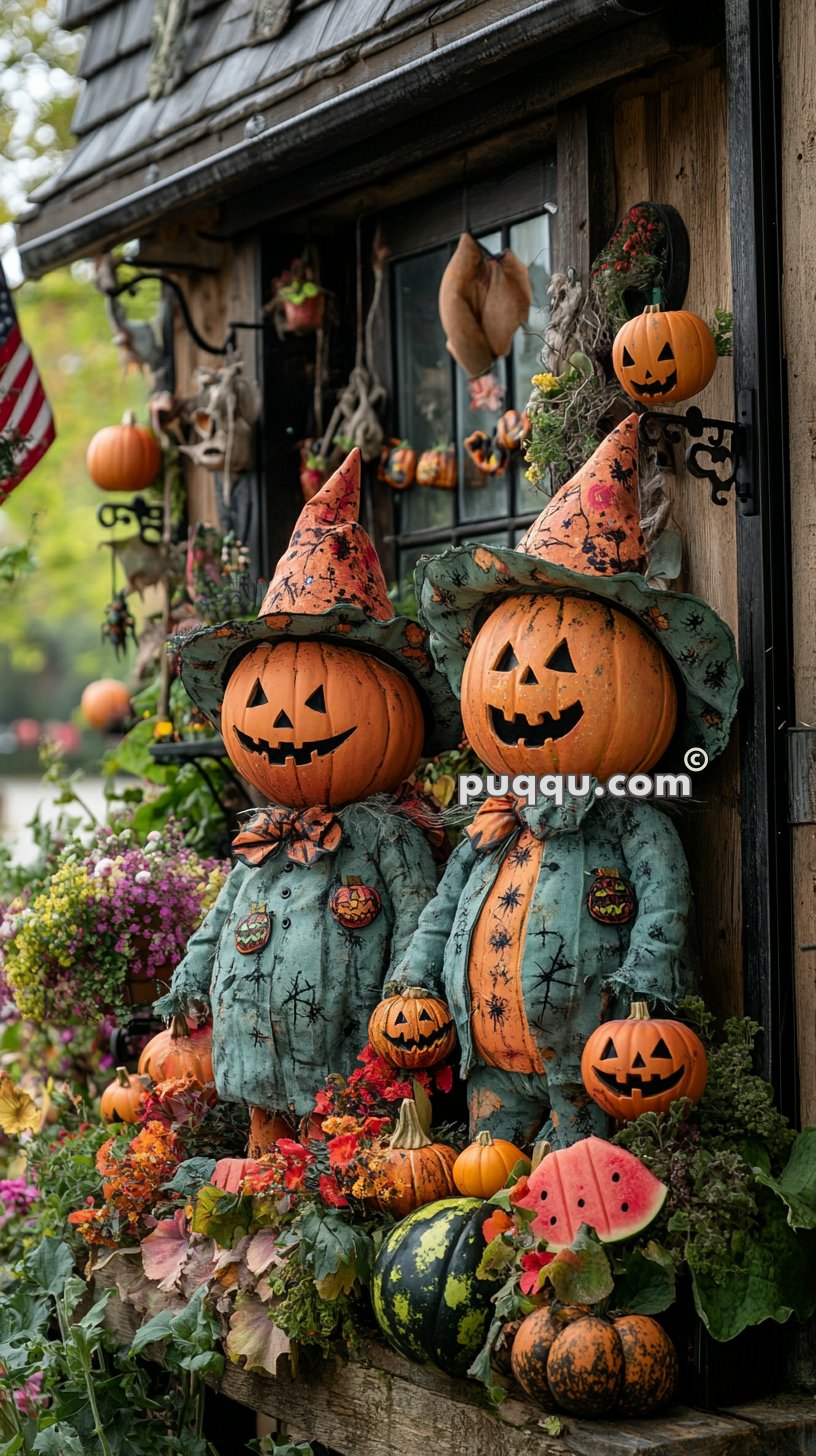 Two jack-o'-lantern scarecrow figures dressed in tattered clothes and witch hats, surrounded by pumpkins, gourds, and autumn foliage in front of a rustic building.
