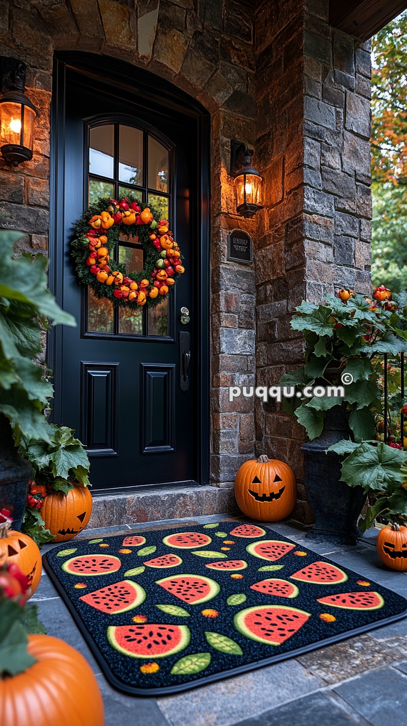 A front door adorned with a fall-themed wreath, surrounded by carved pumpkins, and a welcome mat with watermelon slice patterns.