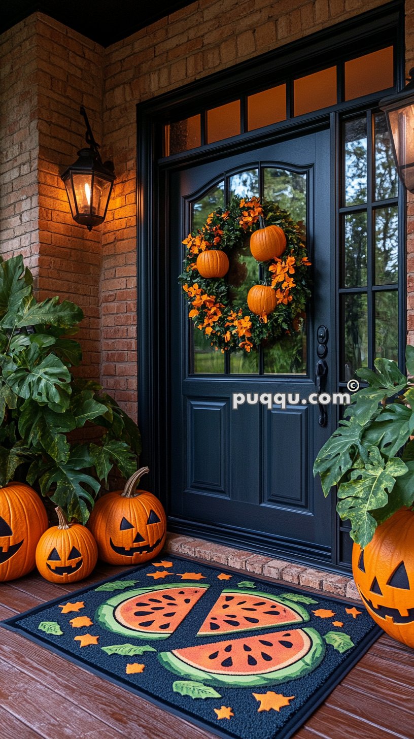 Front porch with a dark door decorated with a pumpkin and flower wreath, a Halloween-themed doormat featuring watermelon slices, Jack-o'-lanterns, and lush green plants.