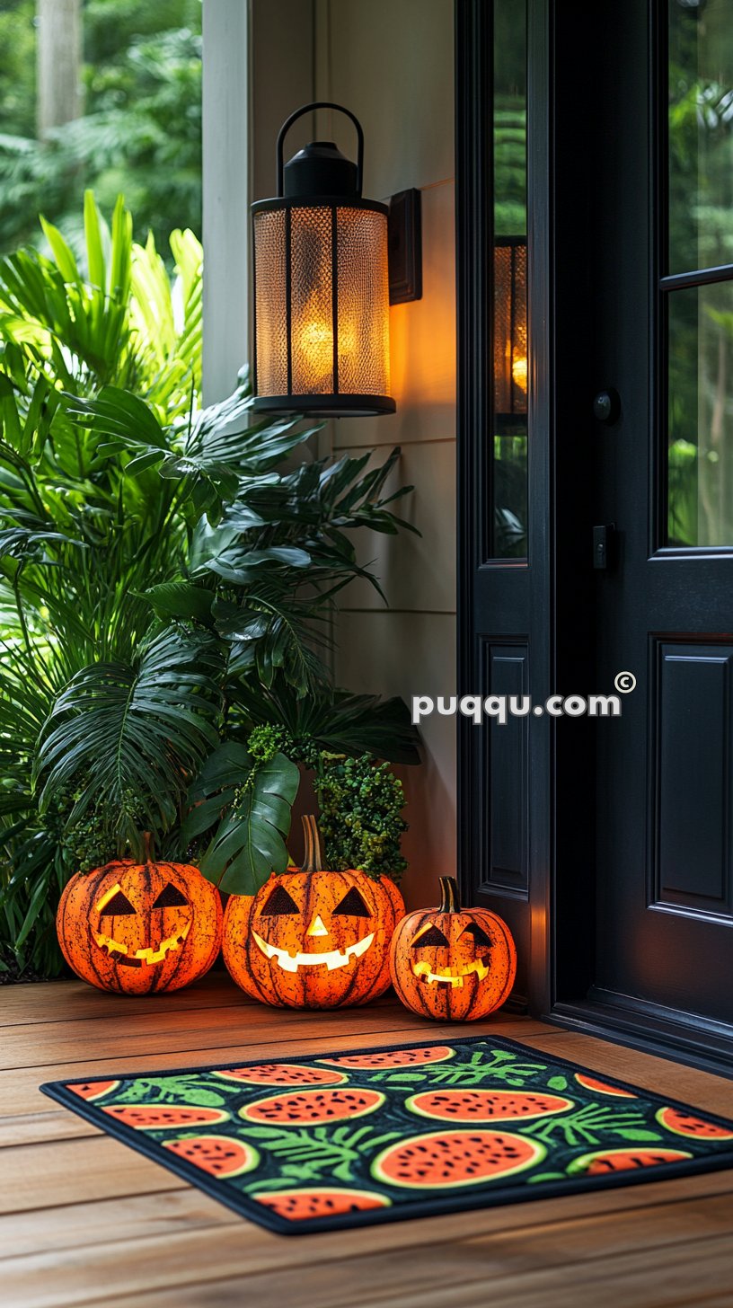 Halloween-themed porch with lit jack-o-lanterns, tropical plants, a lantern on the wall, and a colorful pumpkin-patterned doormat.