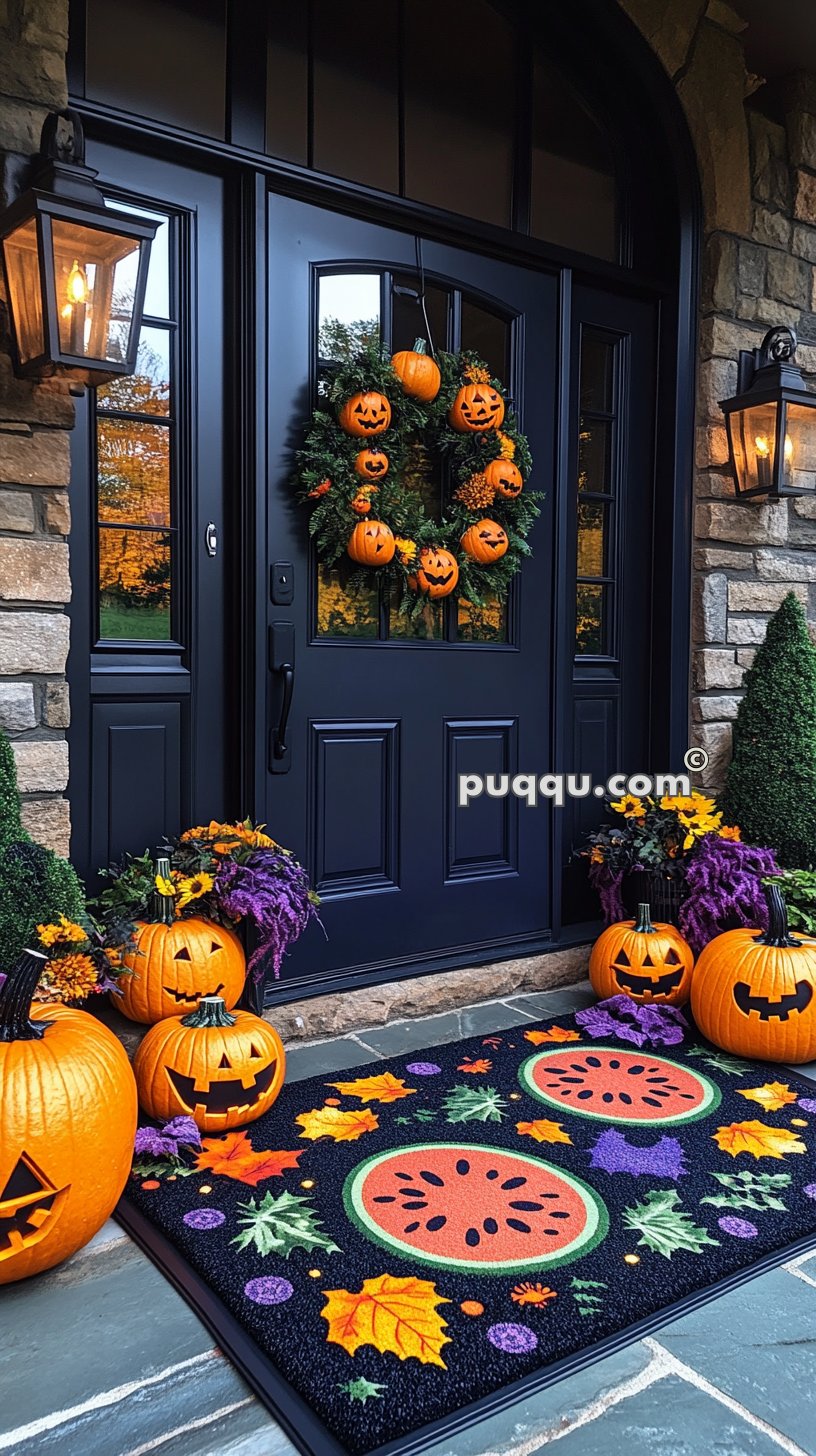 Halloween decorated front porch with a black door, wreath adorned with carved pumpkins, lit lanterns, and carved pumpkins on each side. The doormat features colorful autumn leaves and patterns.