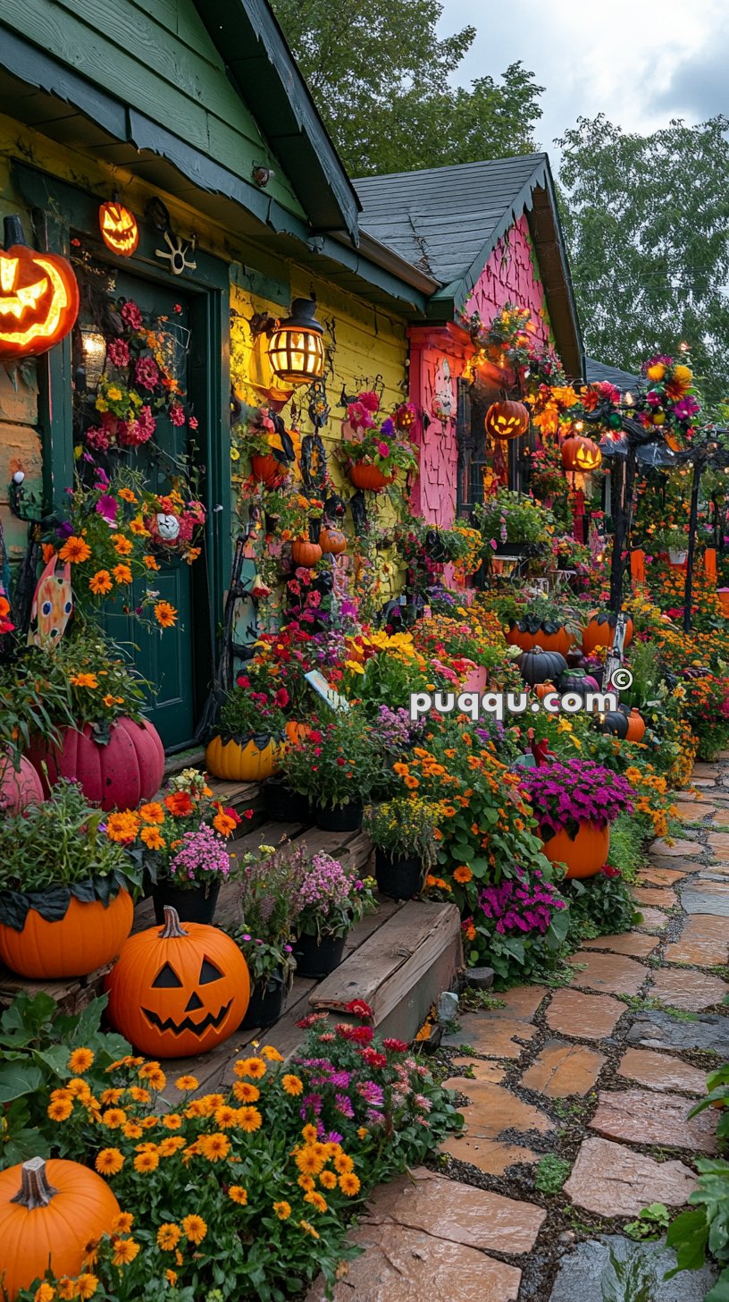 Halloween-themed house exterior with colorful flowers, carved pumpkins, and decorations.