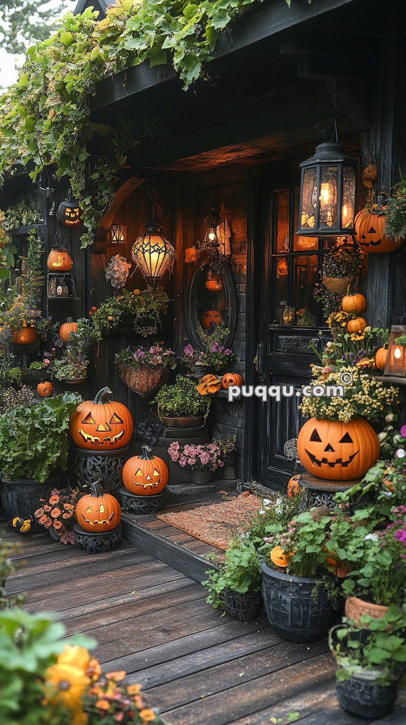 A porch decorated for Halloween with multiple carved pumpkins, lanterns, and various plants and flowers.