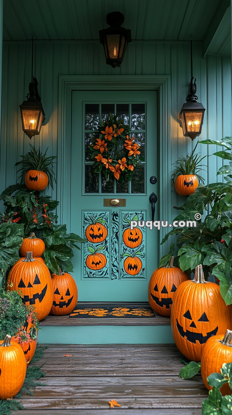 Green front door with pumpkin decorations and Halloween-themed décor, including a wreath with orange flowers, hanging lamps, and carved jack-o'-lanterns on the steps and porch.