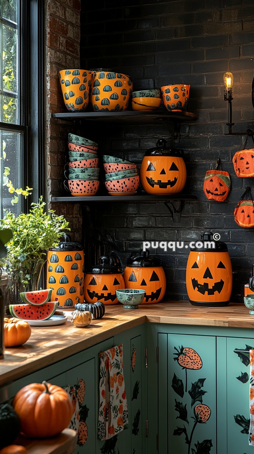 Colorful kitchen with shelves holding orange pumpkin and green watermelon themed storage containers. Countertop displays pumpkins and watermelon slices. Cabinets feature orange strawberry designs.