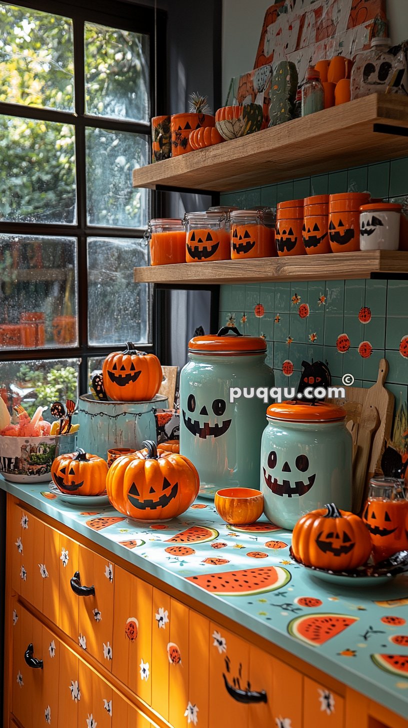 Colorful kitchen decorated for Halloween with pumpkin-themed jars, containers, and candles, featuring jack-o'-lantern faces.