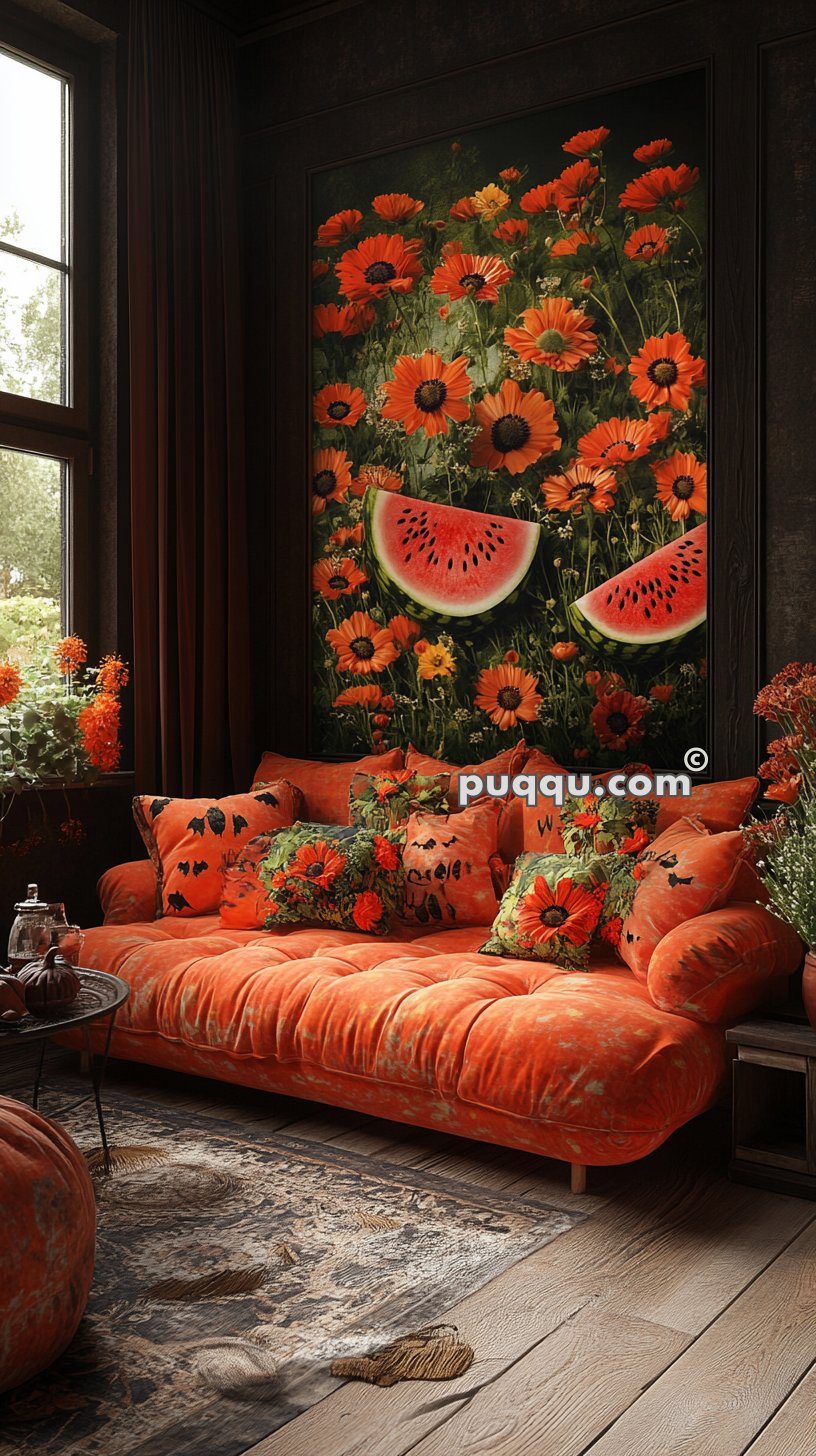 A cozy room with an orange-themed décor, featuring a plush orange sofa with floral and pumpkin-patterned cushions, a large painting of orange flowers and watermelon slices on the wall, and a window with a view of greenery outside.