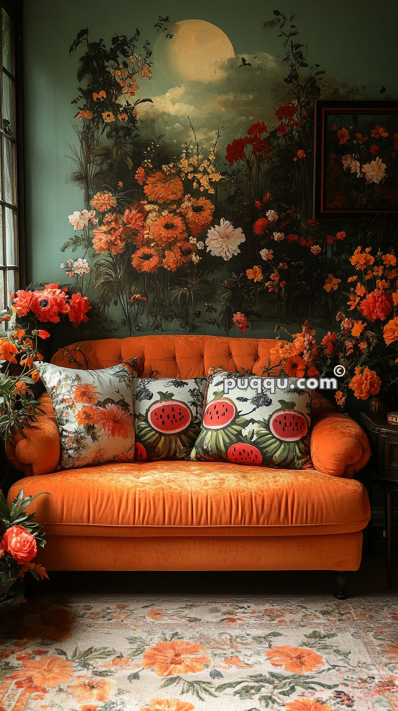 A vibrant, orange sofa with floral and watermelon-themed pillows sits against a green wall adorned with a large mural of colorful flowers and a glowing moon. The decor is complemented by a matching floral-patterned rug and fresh flower arrangements.
