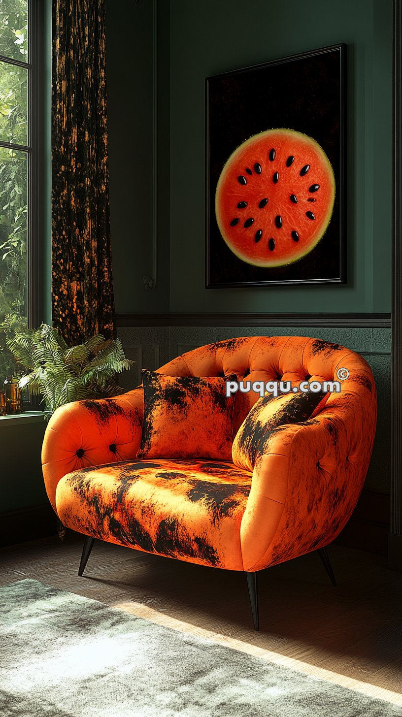 Orange and black tufted armchair in a green room, with a painting of a watermelon slice on the wall and a window with dark curtains on the left side.