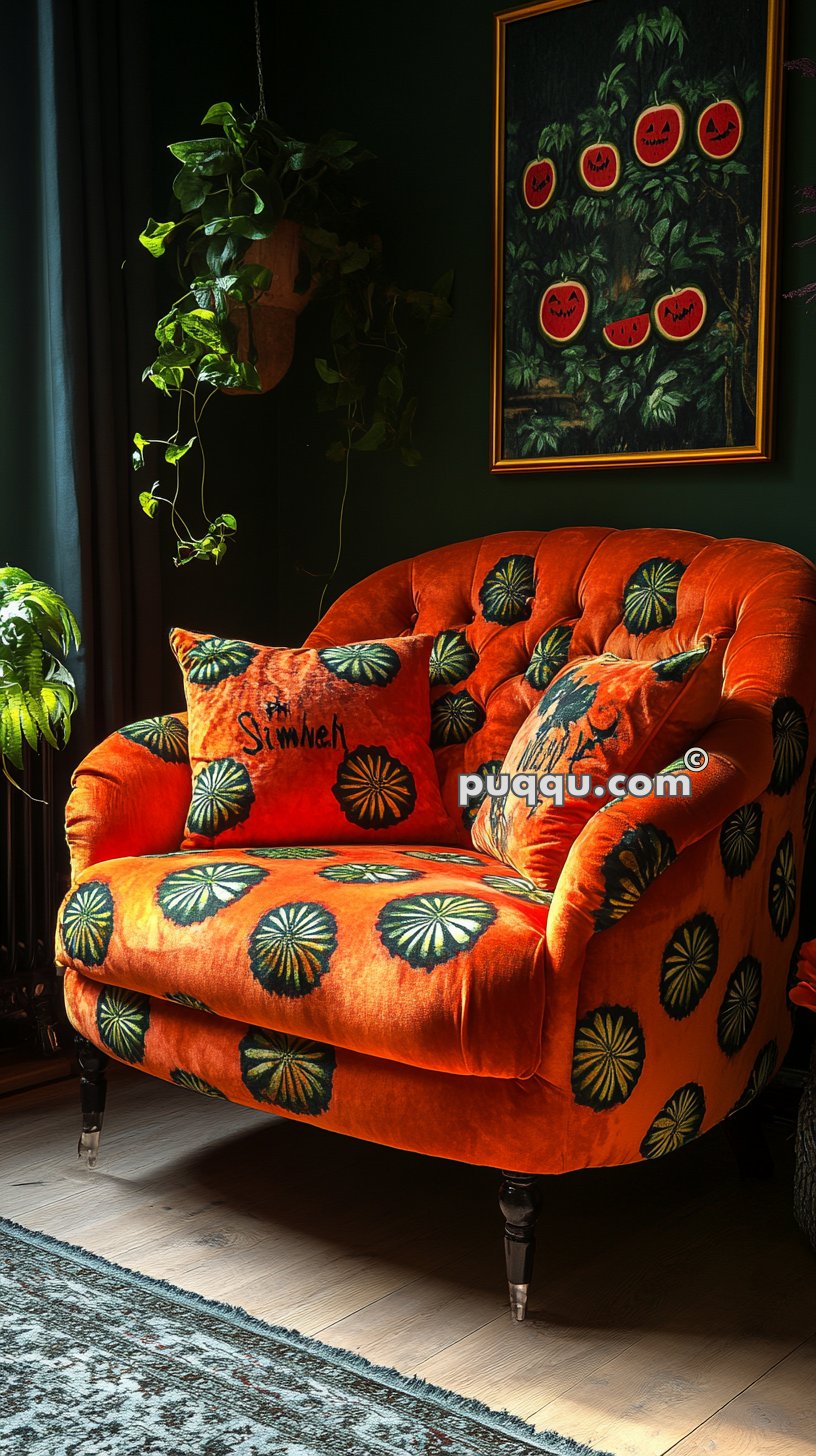 Bright orange armchair with green floral patterns, matching pillow, and a hanging plant beside it, with a framed painting of jack-o'-lantern faces on a dark green wall.