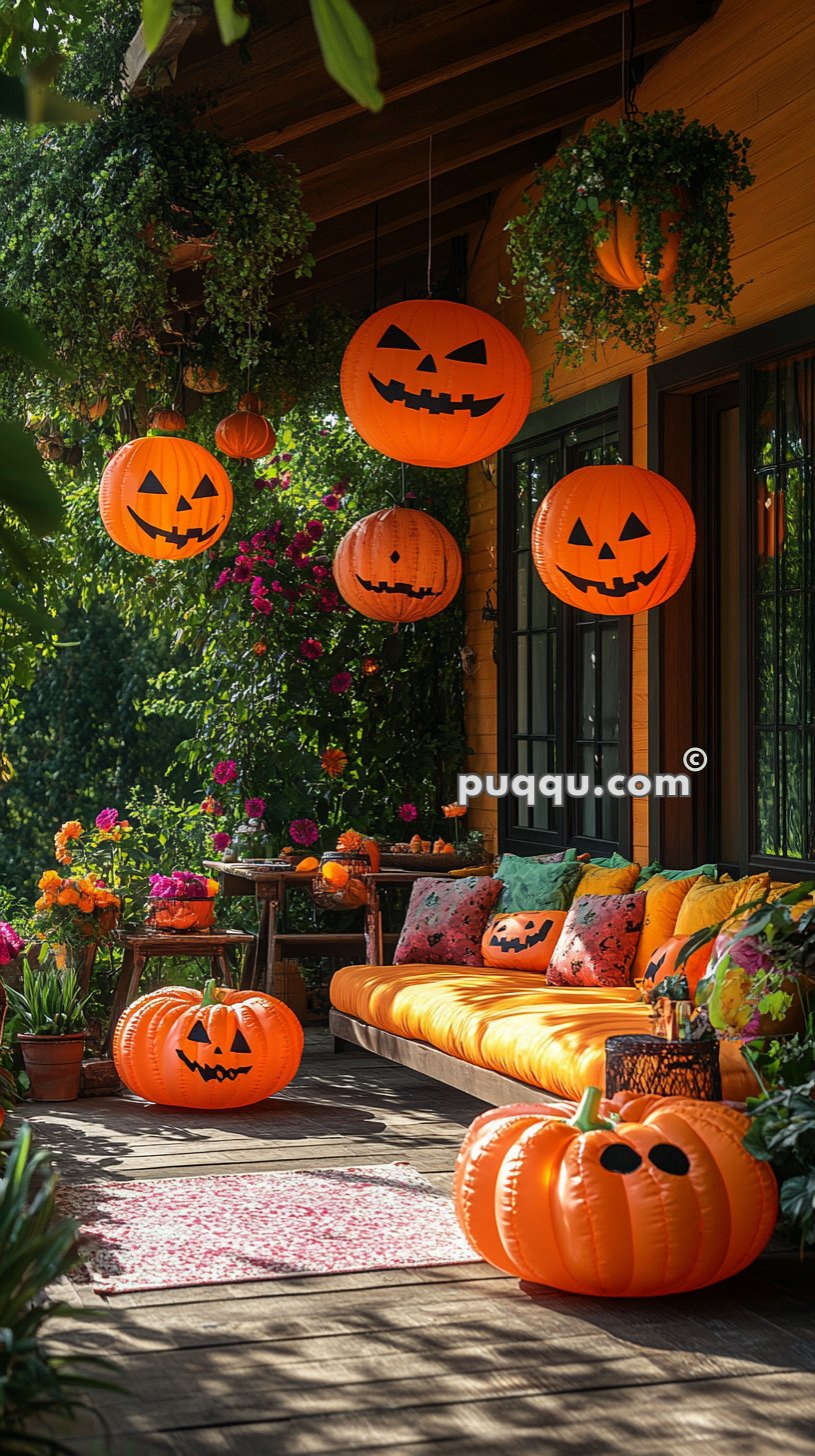 Cozy porch decorated with Halloween-themed pumpkin lanterns, orange cushions, and colorful flowers.