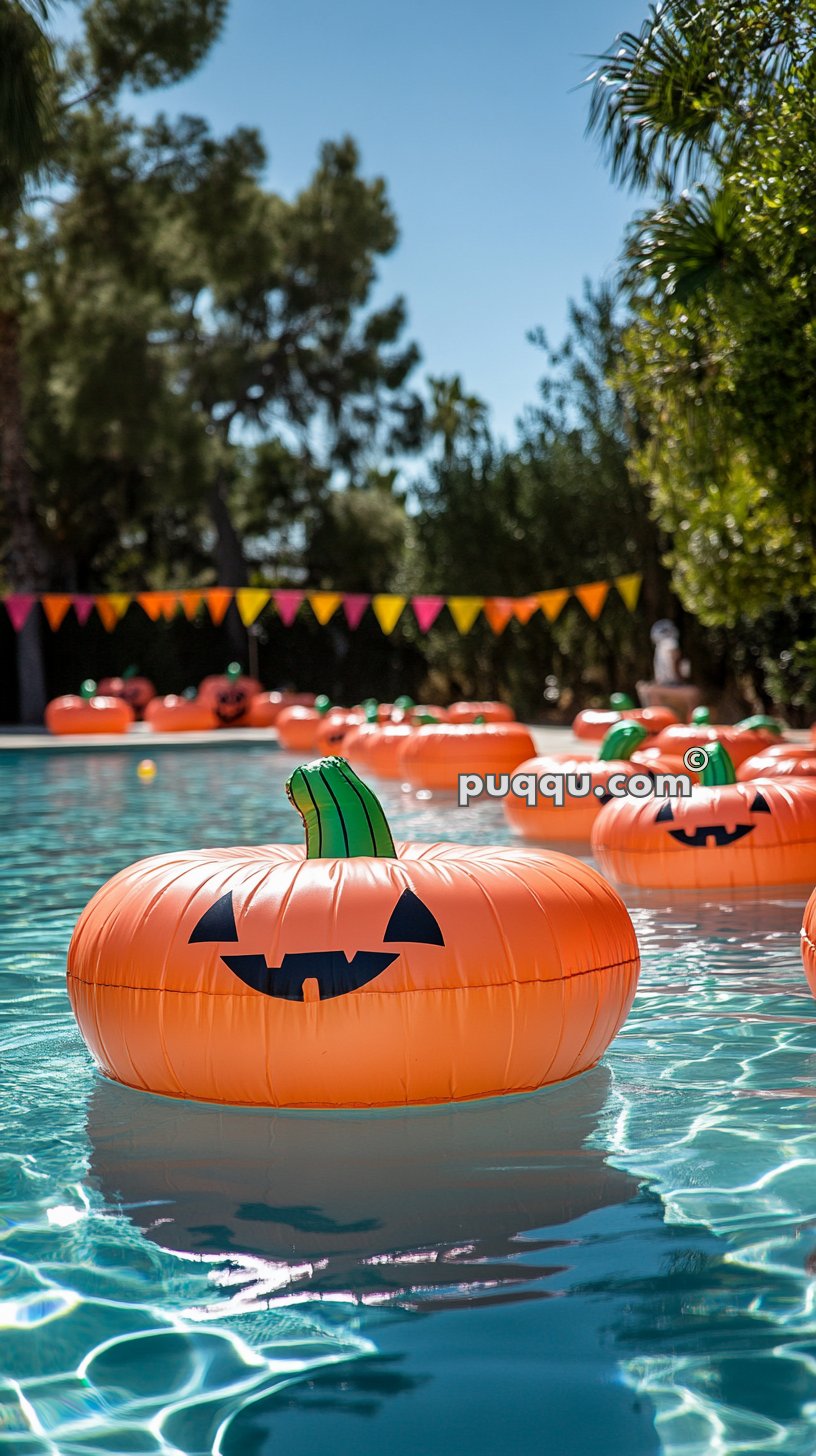 Inflatable pumpkin pool floats with jack-o'-lantern faces in a swimming pool, surrounded by colorful bunting and trees in the background.
