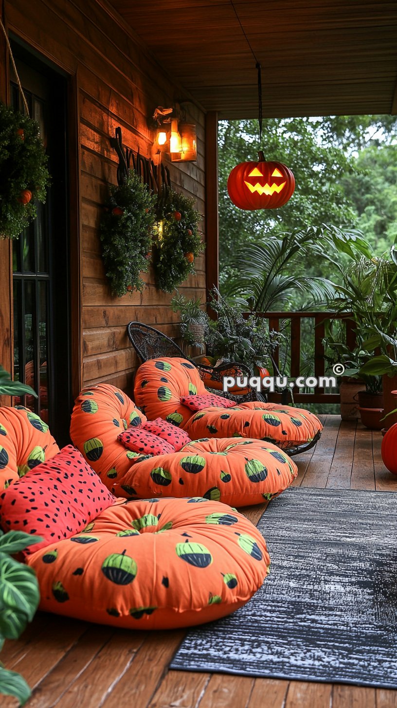 A cozy wooden porch with orange pumpkin-themed cushions and pillows, a jack-o'-lantern hanging light, greenery, and decorative wreaths.