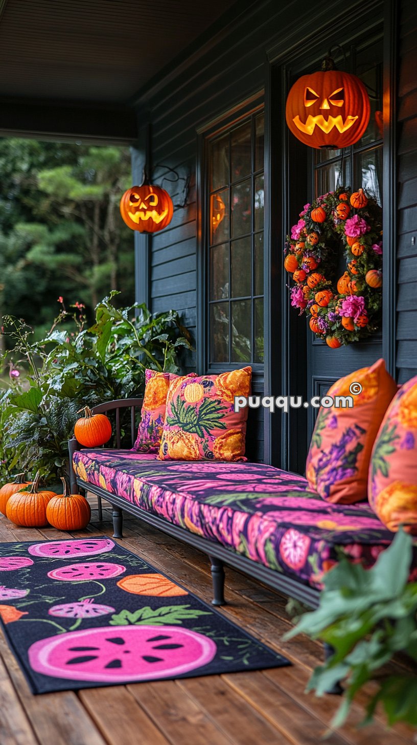 A cozy porch decorated for Halloween with two jack-o'-lanterns hanging from the ceiling, vibrant pink and orange cushions on a black bench, a matching colorful rug with pumpkin designs, and a festive wreath on the door.