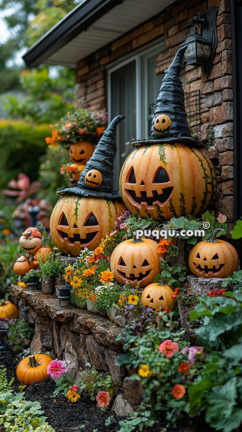 Halloween-themed outdoor decoration featuring large carved pumpkins with witch hats, surrounded by flowers and small pumpkins.